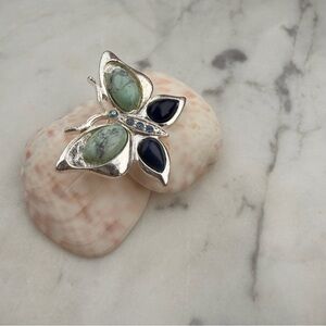 American Vintage Silver Butterfly Brooch with Green and Navy Blue Accents